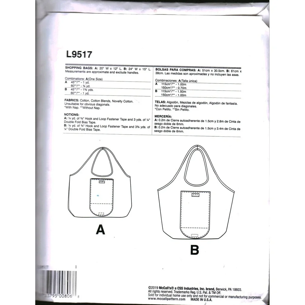 McCalls L9517 Sewing Pattern Its‎ Sew Simple Reusable Shopping Bags One Size